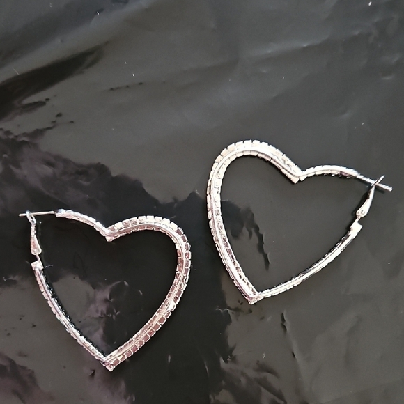 Silver Tone & Rhinestone Heart Shaped Hoop Earrings - Picture 2 of 3